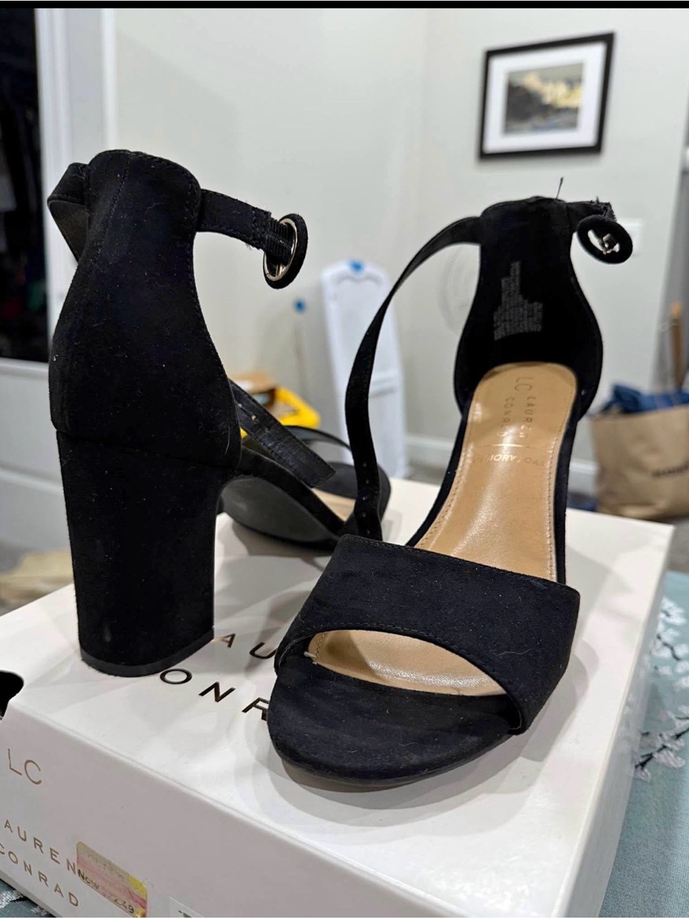 LC Lauren Conrad Black Suede Block Heel Sandals